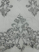 King Damask Lace Fabric - Corded Embroidery with Sequins on Mesh Lace Fabric By Yard