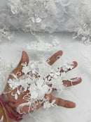 3D Flower Pearl Design - White - Embroidered Sequins Floral Clusters Lace Fabric By Yard