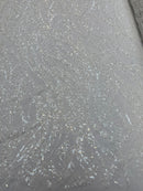 Wavy Floral Beaded Fabric - White - Geometric Beaded Sequins Embroidered Fabric Sold By Yard