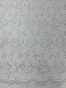 Metallic Floral Butterfly Fabric - White  - Embroidered Floral Butterfly Design Mesh Fabric by Yard