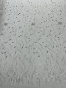 Floral & Leaf Pattern Bead Fabric - White - Embroidered Beaded Rhinestone on a Mesh, Sold By Yard
