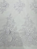 Flower 3D Corded Fabric - White - Lace Mesh Fabric Embroidered Floral Design by Yard