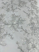 Floral Two Tone Lace Fabric - White - Sequins Embroidery Floral Lace Fabric Sold By Yard