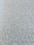 Floral Plant Bead Design - White - Beaded Flower Plants Embroidered  Sequins Fabric By Yard