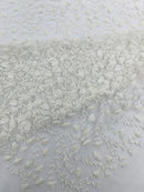 Small Glitter Flower Fabric - White - Shimmer Glitter Flower Design on Mesh Lace By The Yard