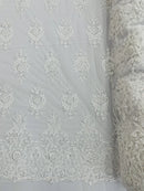 Embroidered Bead Fabric - White - Floral Damask Bead Bridal Lace Fabric by the yard