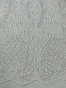 Beaded Embroidered Fabric - White - Embroidered Heart and Feather Pattern Fabric Sold By Yard