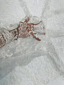 King Lace Design Fabric - White - King Design with Sequins Embroidered On Mesh By Yard