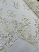 3D Rhinestone Flower Fabric - White - 3D Flower Beaded Clusters with Sequins and Rhinestones By Yard