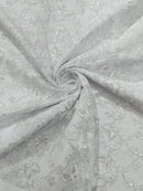 Metallic Floral Butterfly Fabric - White  - Embroidered Floral Butterfly Design Mesh Fabric by Yard