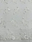 3D Flower Pearl Design - White - Embroidered Sequins Floral Clusters Lace Fabric By Yard