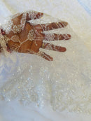 Floral Plant Bead Design - White - Beaded Flower Plants Embroidered  Sequins Fabric By Yard