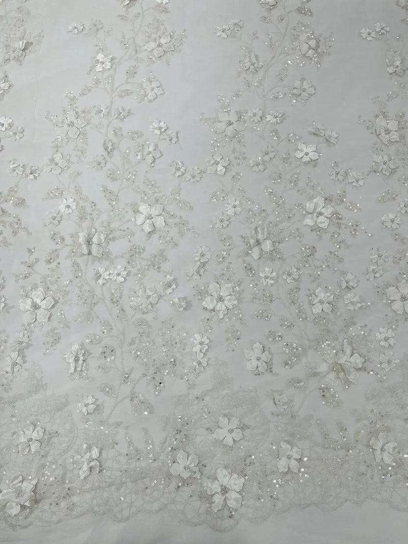 3D Glitter Floral Fabric - White - Glitter Sequin Flower Design on Lace Mesh Fabric by Yard