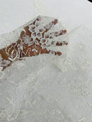 Floral Glitter Design Fabric -  White - 3D Glitter Tulle Flower Plant Design Fabric By Yard