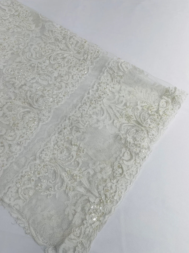 My Lady Beaded Fabric - White - Damask Beaded Sequins Embroidered Fabric By Yard