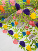 Multi-Color on White Mesh Mexican Sarape Fabric - Embroidered Colorful Flower Design Fabric By Yard