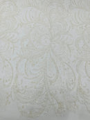 Palm Leaf Design Glitter Fabric - White - Tulle Glitter Mesh Line Design Fabric Sold By Yard