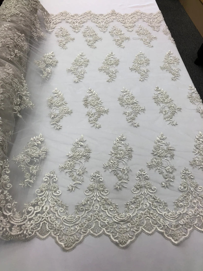 Floral Cluster Beaded Fabric - White - Embroidered Flower Beaded Fabric Sold By Yard