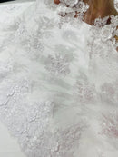 Flower 3D Corded Fabric - White - Lace Mesh Fabric Embroidered Floral Design by Yard