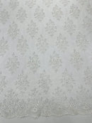Isabela Design - White - Embroidery Beaded Fabric With Sequin on a Mesh Fabric by the yard