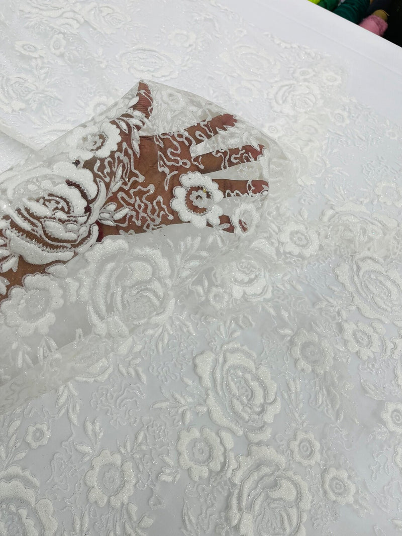 3D Chunky Glitter Rose Fabric - White -  Flower Glitter Design on Tulle Fabric Sold by Yard