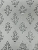 King Damask Lace Fabric - Corded Embroidery with Sequins on Mesh Lace Fabric By Yard