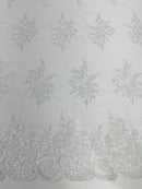 Flower Lace Sequins Fabric - White - Embroidered Floral Pattern Fabric with Sequins on Lace By Yard