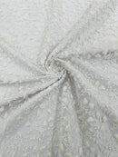 Small Glitter Flower Fabric - White - Shimmer Glitter Flower Design on Mesh Lace By The Yard