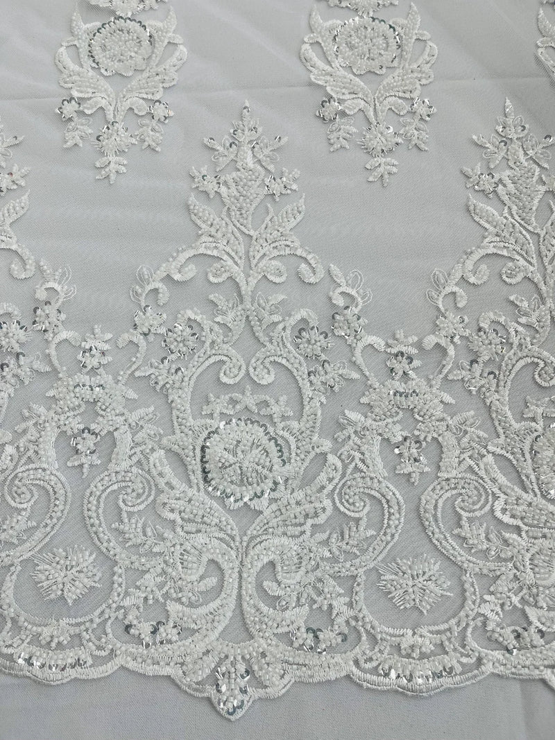 Embroidered Bead Fabric - White - Floral Damask Bead Bridal Lace Fabric by the yard