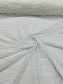 Wavy Leaf Lines Fabric - White - Beaded Sequins Leaf Pattern Embroidered On Mesh By Yard