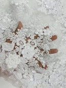 Flower 3D Corded Fabric - White - Lace Mesh Fabric Embroidered Floral Design by Yard