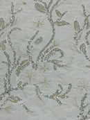 3D Tulle Mesh Flower Fabric - White - Beaded Mesh Flower Plant Design Sold By Yard