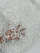 King Lace Design Fabric - White - King Design with Sequins Embroidered On Mesh By Yard