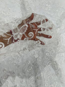 Butterflies Swirl Design - White - Metallic Sequins Butterflies on Lace Fabric By Yard