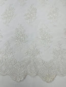Damask Flower Lace Fabric - White - Damask Flowers Embroidered on Lace Fabric By Yard