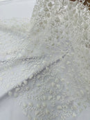 Small Glitter Flower Fabric - White - Shimmer Glitter Flower Design on Mesh Lace By The Yard