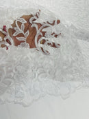 Damask Fancy Design - White - Embroidered Mesh Damask Design Lace Fabric Sold by Yard
