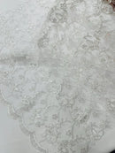 Metallic Floral Butterfly Fabric - White  - Embroidered Floral Butterfly Design Mesh Fabric by Yard