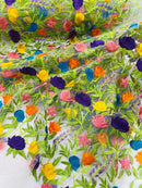 Multi-Color on White Mesh Mexican Sarape Fabric - Embroidered Colorful Flower Design Fabric By Yard