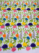Multi-Color on White Mesh Mexican Sarape Fabric - Embroidered Colorful Flower Design Fabric By Yard