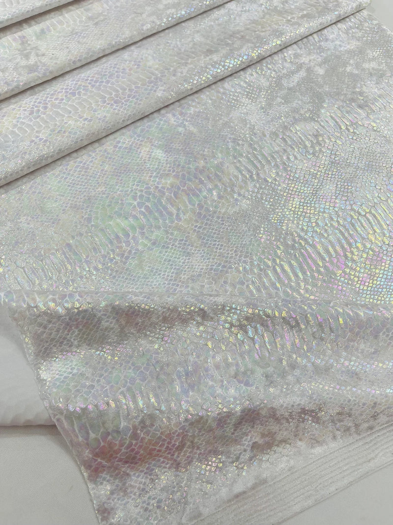 White Iridescent Illusion Anaconda Foil Printed On Stretch Velvet - Sold By The Yard