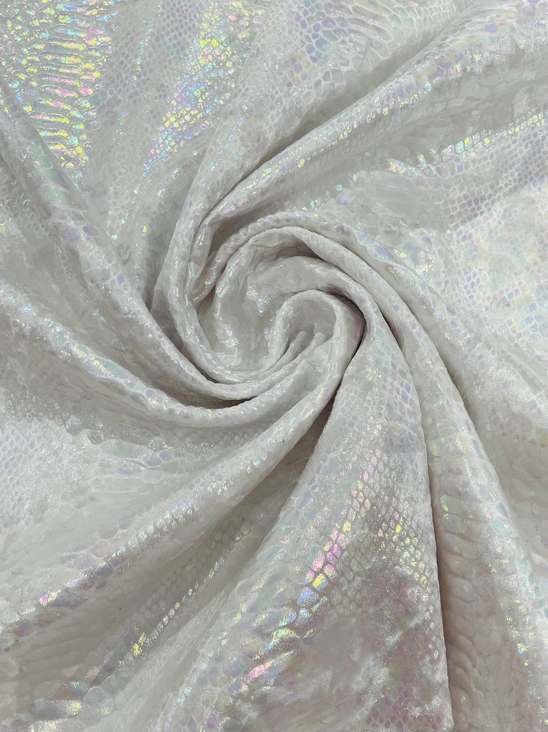 White Iridescent Illusion Anaconda Foil Printed On Stretch Velvet - Sold By The Yard