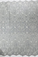 Damask Fancy Design - White - Embroidered Black Mesh Damask Design Lace Fabric Sold by Yard