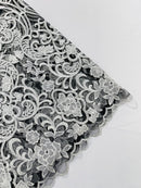 Damask Fancy Design - White - Embroidered Black Mesh Damask Design Lace Fabric Sold by Yard