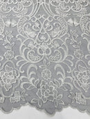 Damask Fancy Design - White - Embroidered Black Mesh Damask Design Lace Fabric Sold by Yard