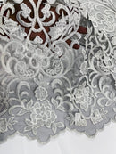 Damask Fancy Design - White - Embroidered Black Mesh Damask Design Lace Fabric Sold by Yard