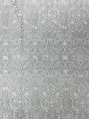 Damask Fancy Design - White - Embroidered Black Mesh Damask Design Lace Fabric Sold by Yard