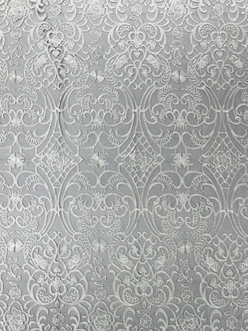 Damask Fancy Design - White - Embroidered Black Mesh Damask Design Lace Fabric Sold by Yard