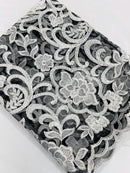 Damask Fancy Design - White - Embroidered Black Mesh Damask Design Lace Fabric Sold by Yard