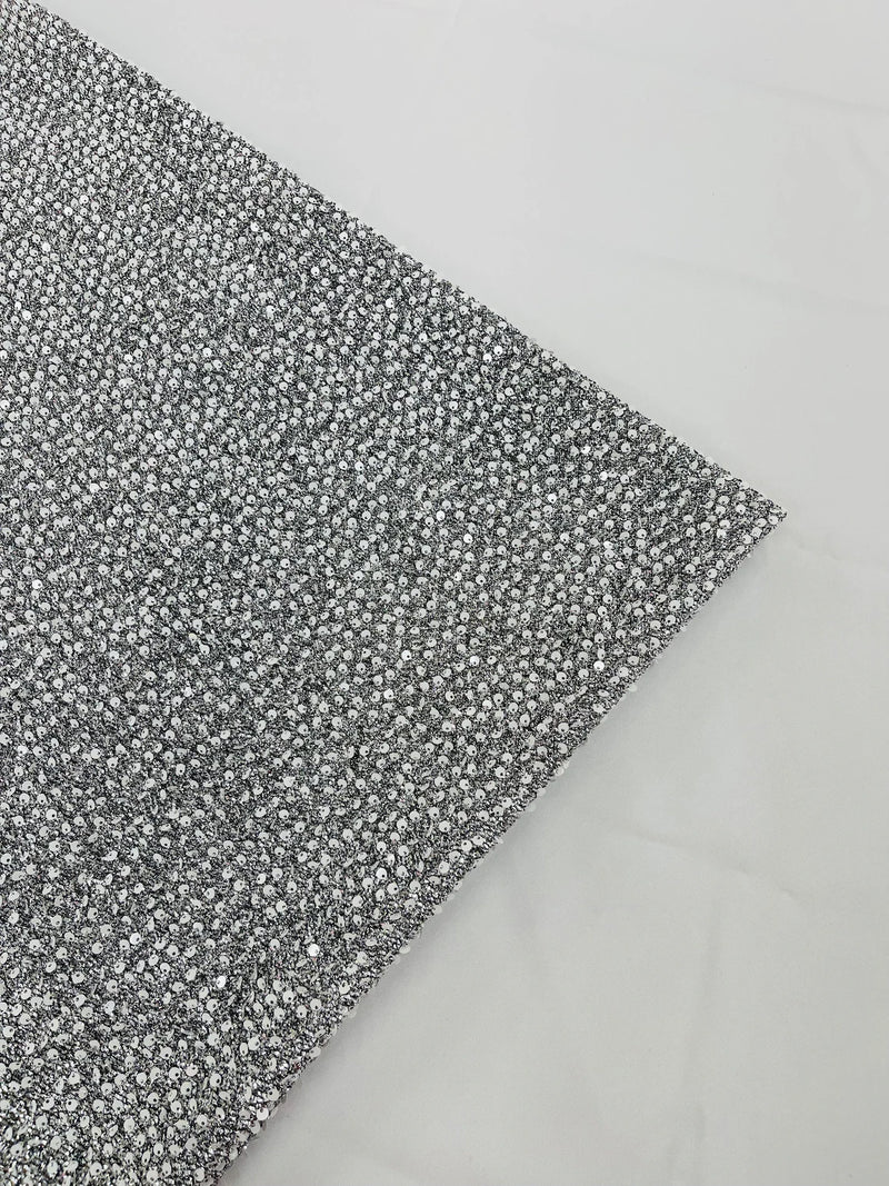 Metallic Foil Sequins - White on Silver - 2 Way Stretch Spandex with 5mm Sequins Fabric by yard